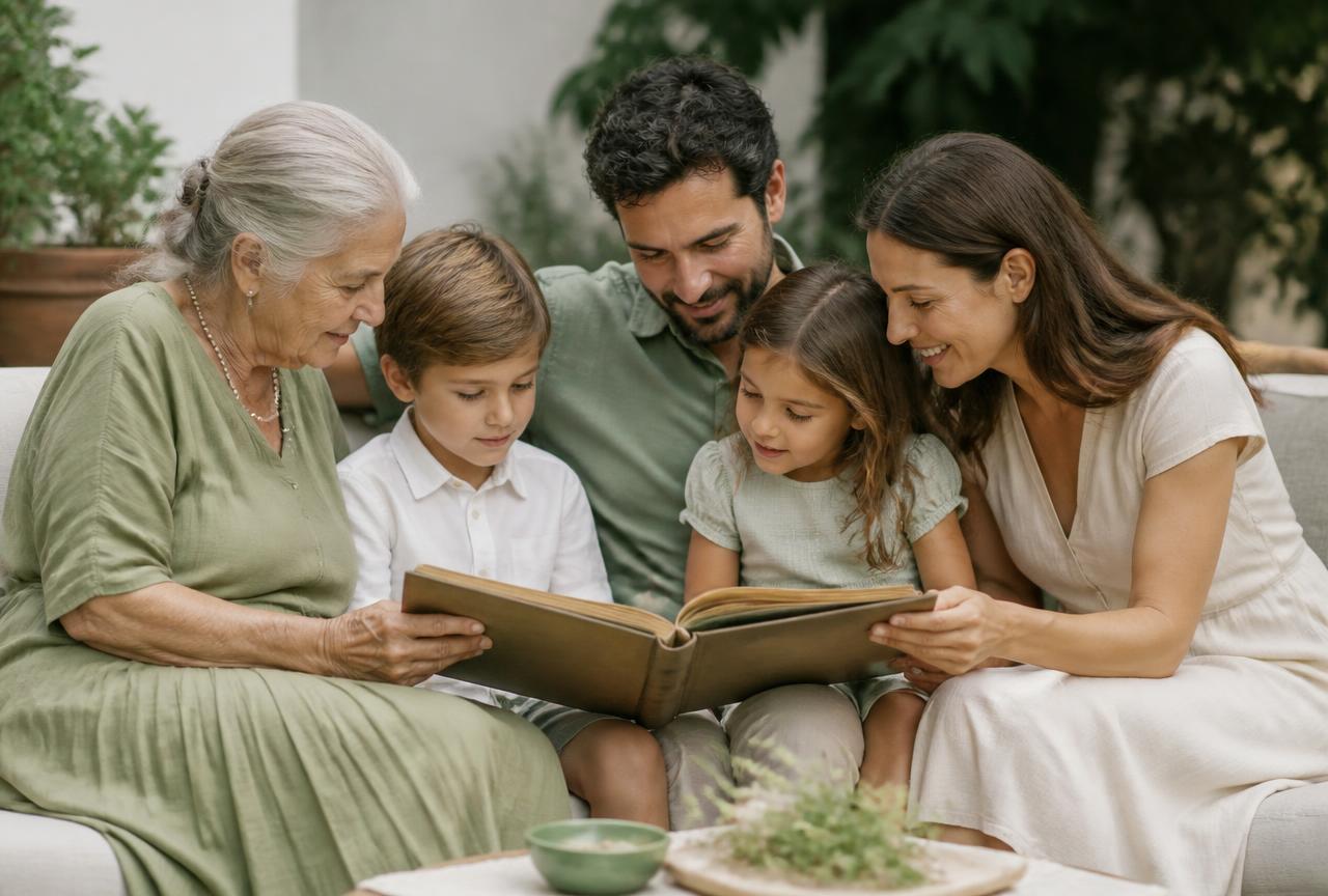 Drie generaties kijken samen in een oud fotoalbum