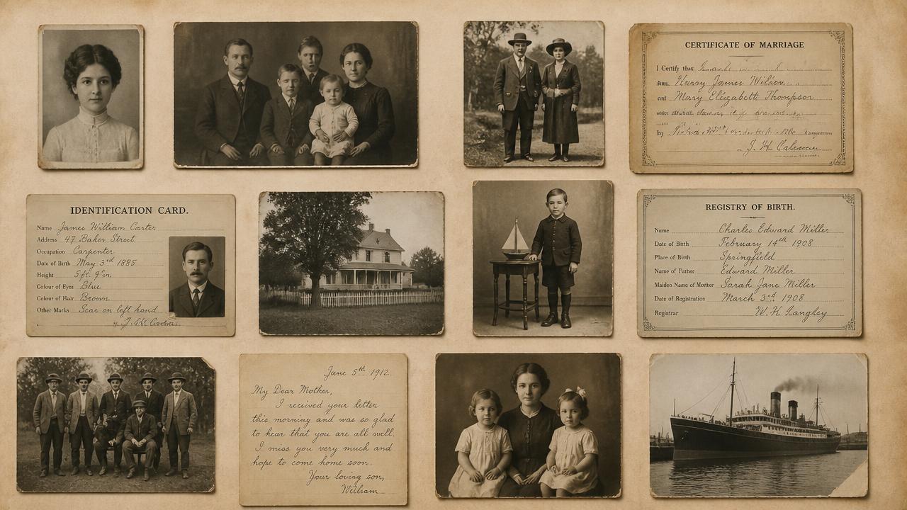 Raster van oude portretfoto's, een geboorteakte en een handgeschreven brief